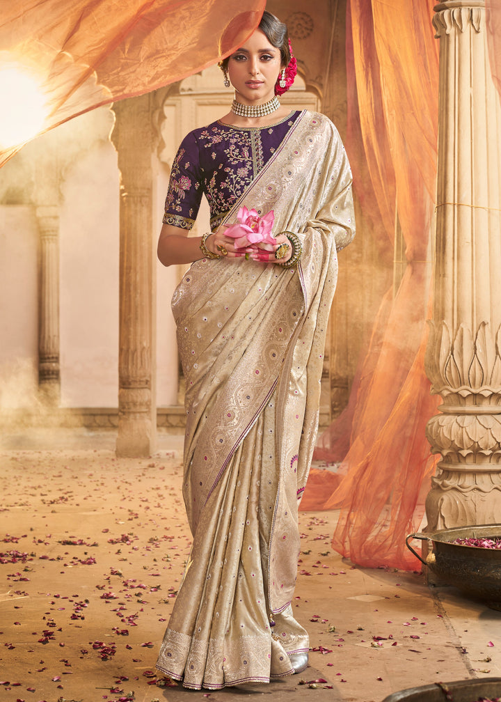 Warm White Satin Silk Saree With Beautiful Lace Border And Heavy Designer Embroidered Blouse