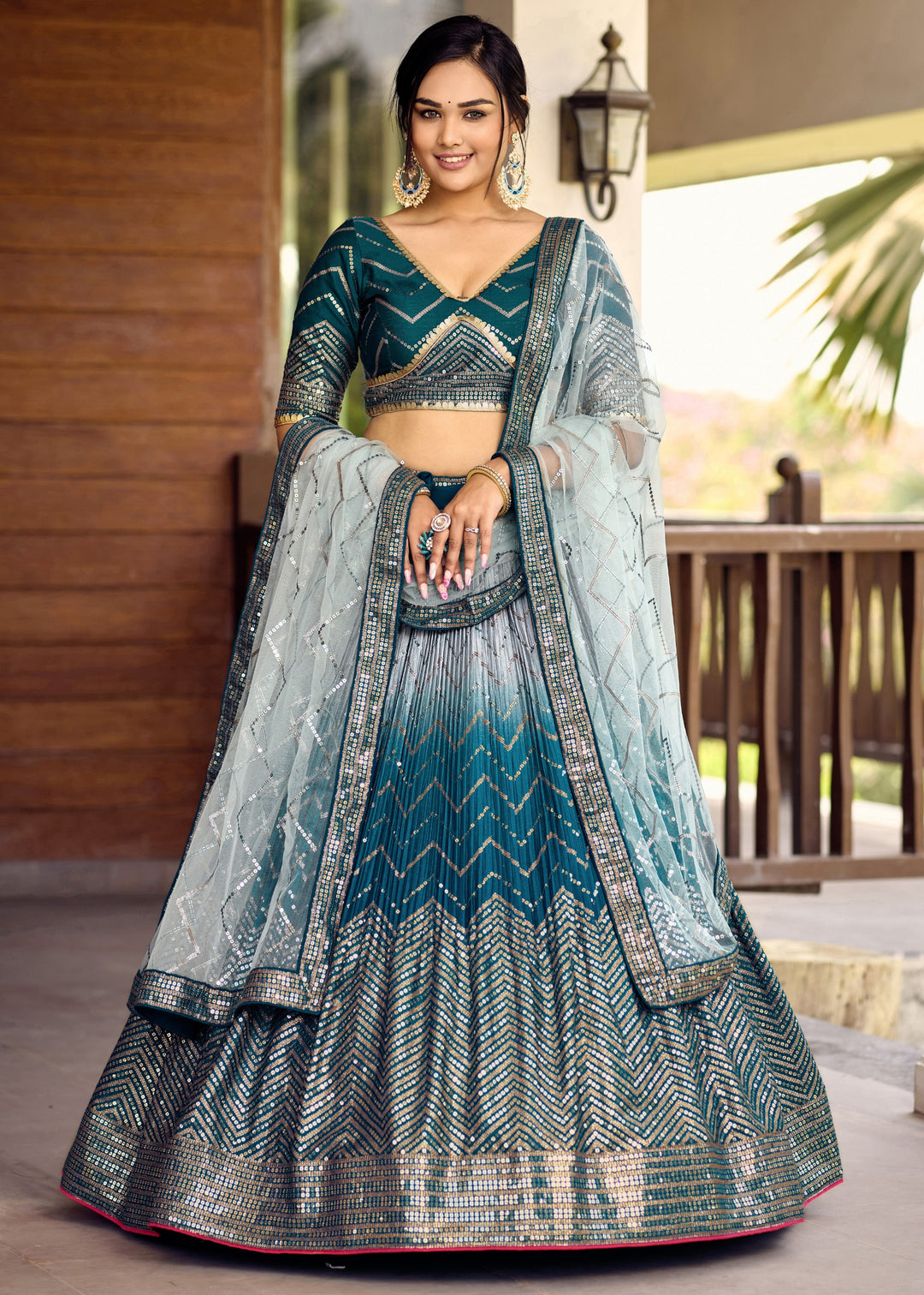 Turquoise Blue Chinon Silk Lehenga With Sequence and Thread Embroidery Work