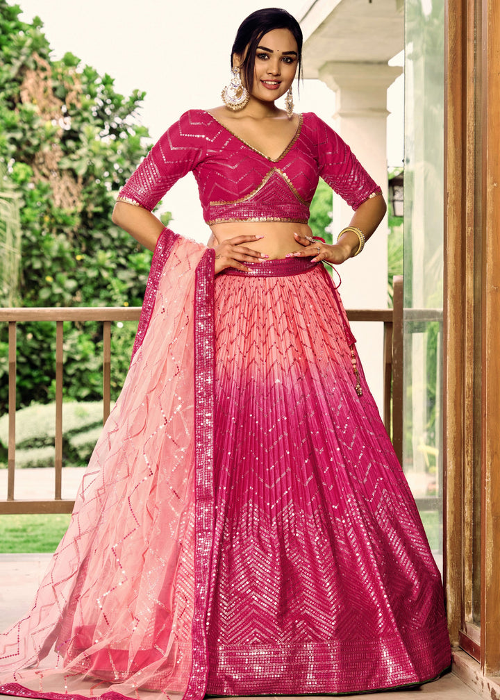 Hot Pink Chinon Silk Lehenga With Sequence and Thread Embroidery Work