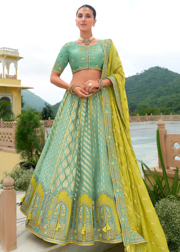 Mint Green Banarasi Silk Lehenga With Heavy Embroidery Work