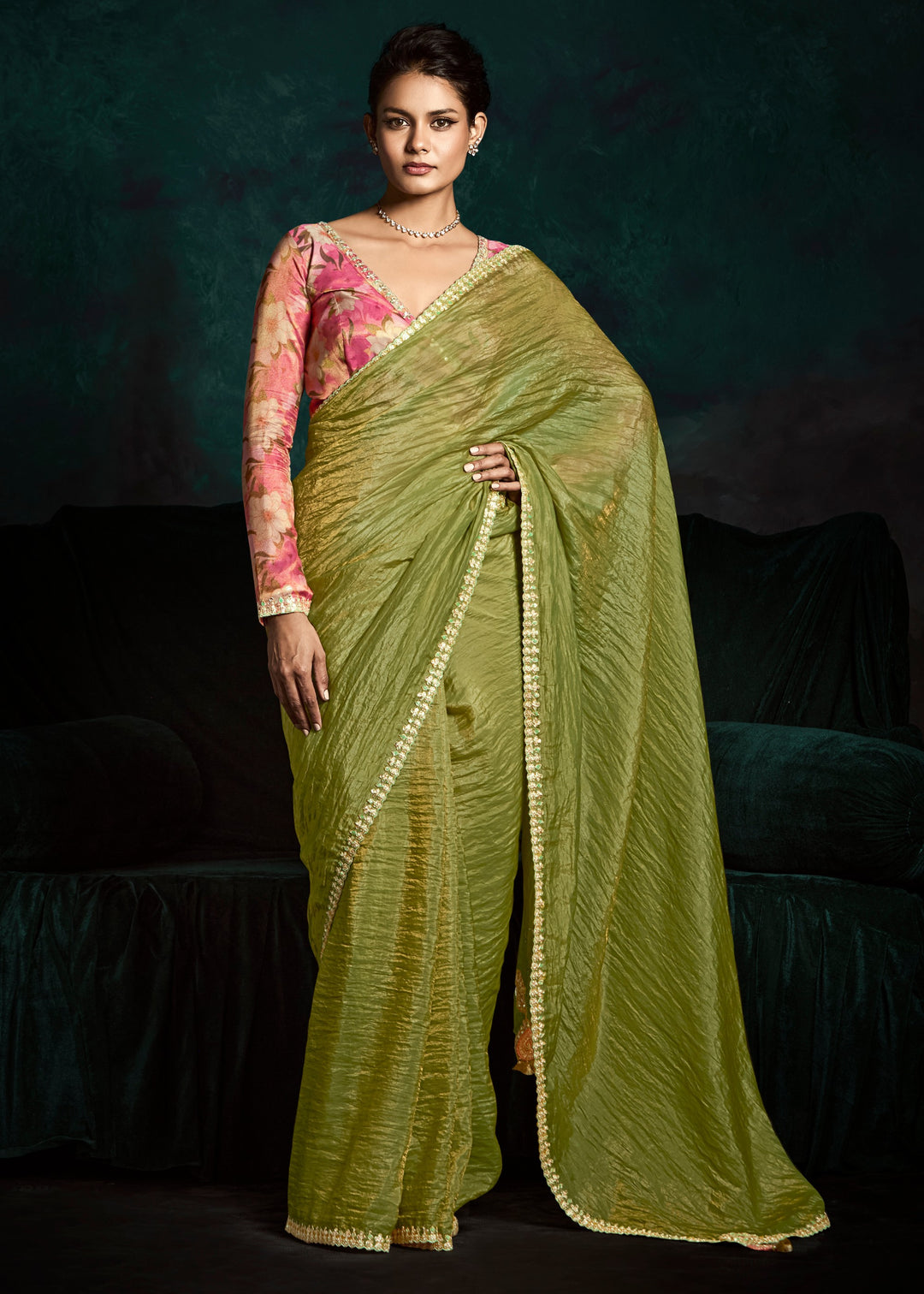 Kelly Green Fancy Fabric Silk Saree With Sequins And Thread Embroidered Butti Work