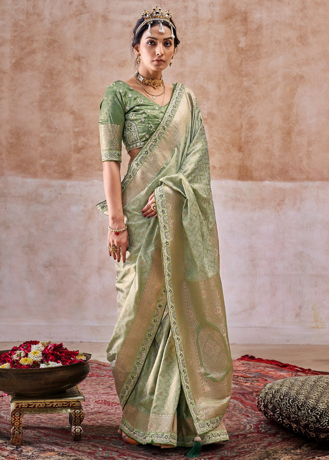 Sage Green Satin Silk Saree With Heavy Embroidery Lace & Blouse