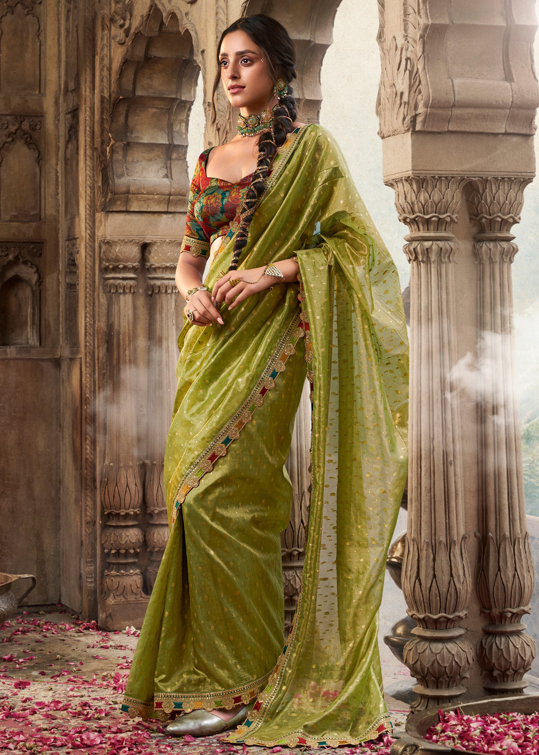 Apple Green Tissue Silk Saree With Multicolored Lace & Designer Blouse