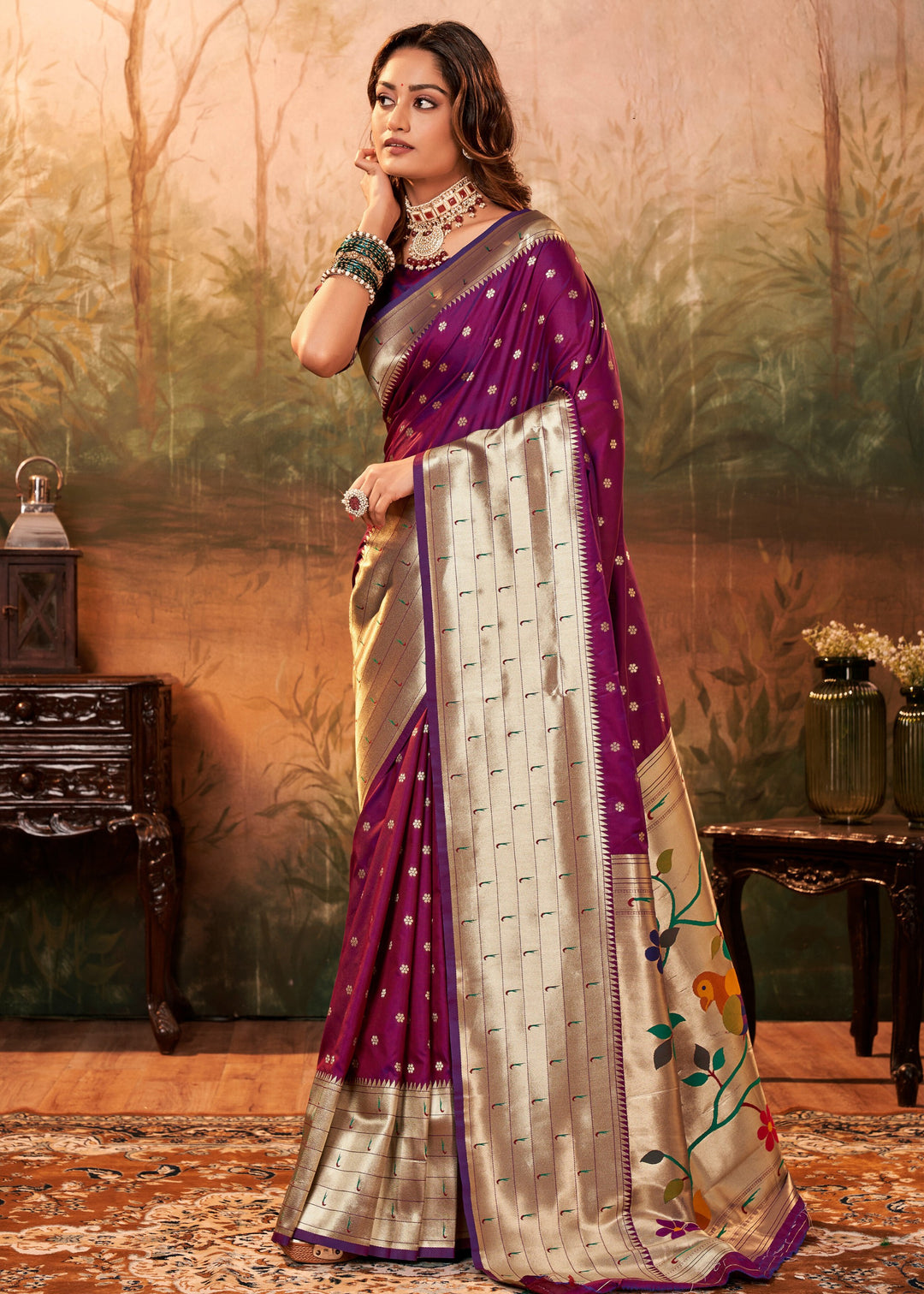 Grape Purple Paithani Silk Saree With Zari Weaving