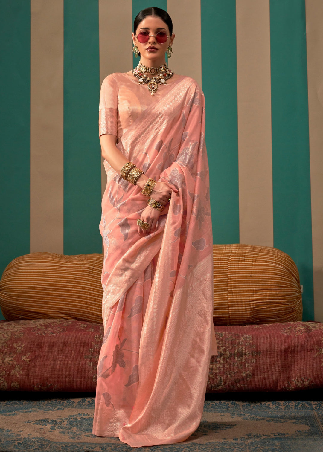 Pastel Pink Handloom Weaving Linen Saree