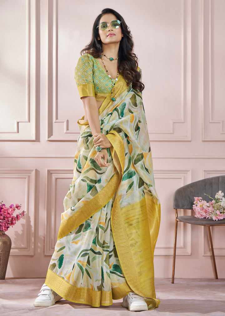 Banana Yellow Soft Zari Based Modal Silk Saree With Beautiful Colorfull Print