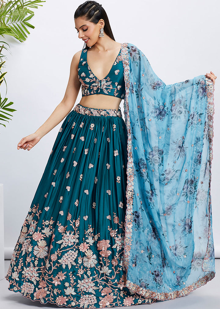 Teal Blue Georgette Lehenga Choli with Sequins & Thread Embroidery work