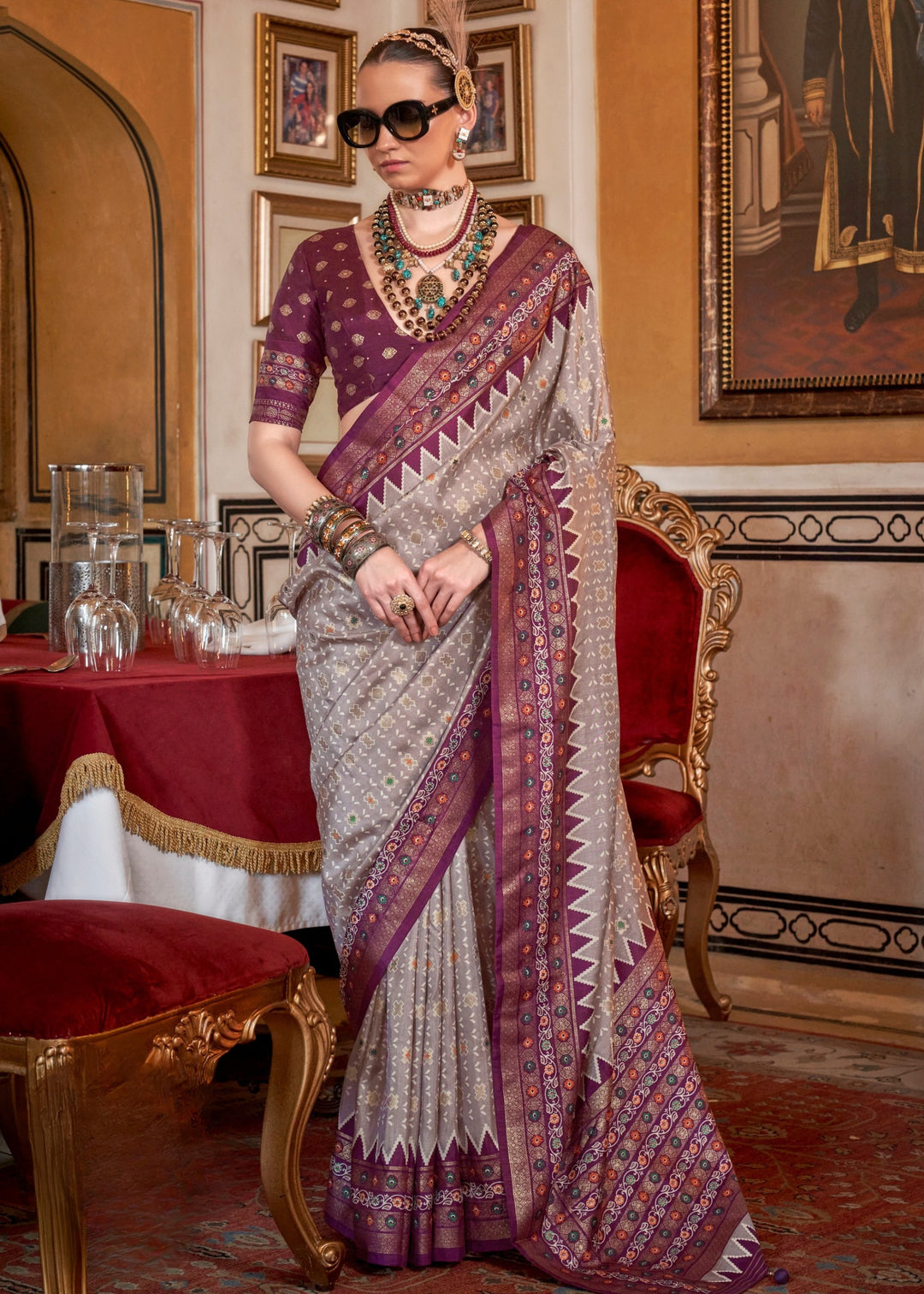 Misty Grey Silk Saree With Traditional Classic Design