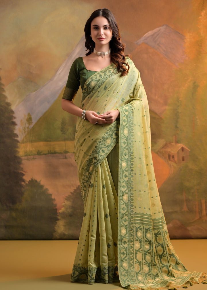 Light Green Thread Woven Cotton Saree With All Over Butti