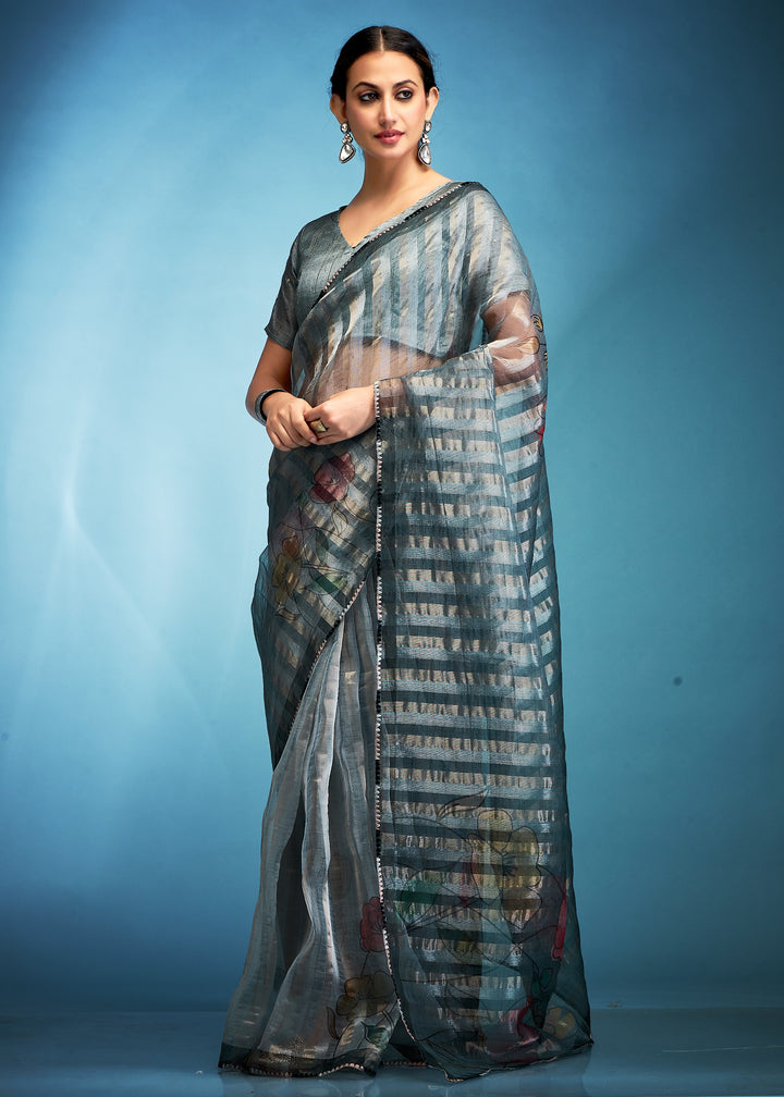 Iron Grey Tissue Silk Saree With Floral Print