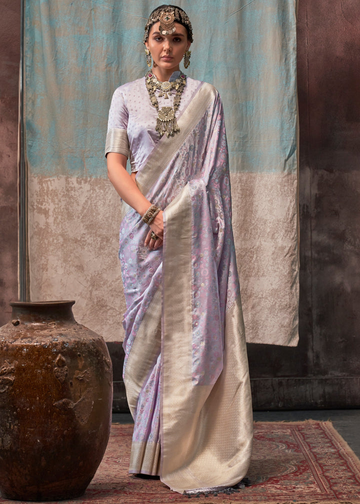 Lavender Pure Satin Handloom Weaving Silk Sarees