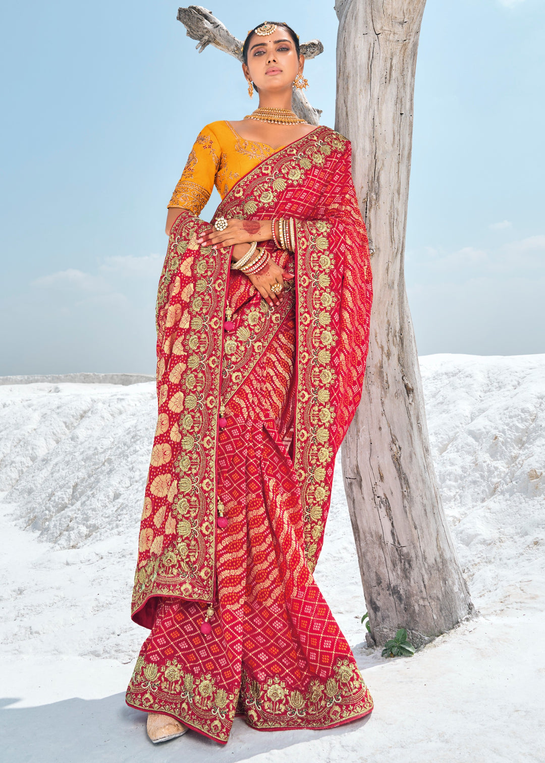 Cherry Red Pure Georgette Bandhani Patola With Zari Weaving Heavy Work Saree