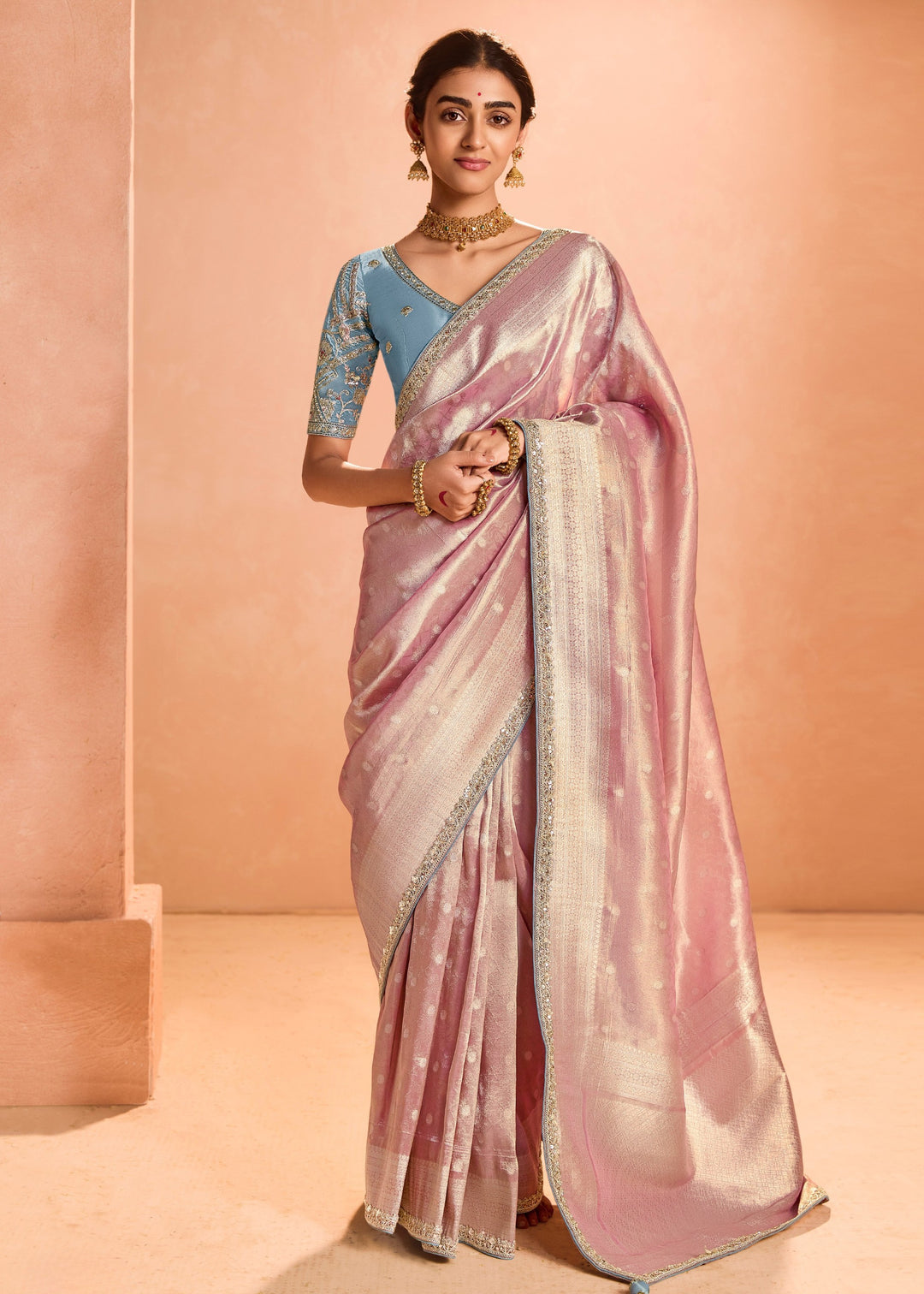 Blush Pink Zari Tissue Silk Saree With Weaving Work And Heavy Embroidery Lace : Top Pick