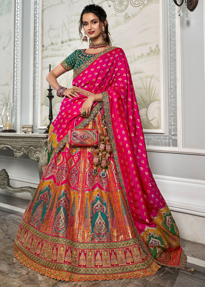 Hot Pink & Green Banarasi Silk Lehenga with Zarkan Codding work