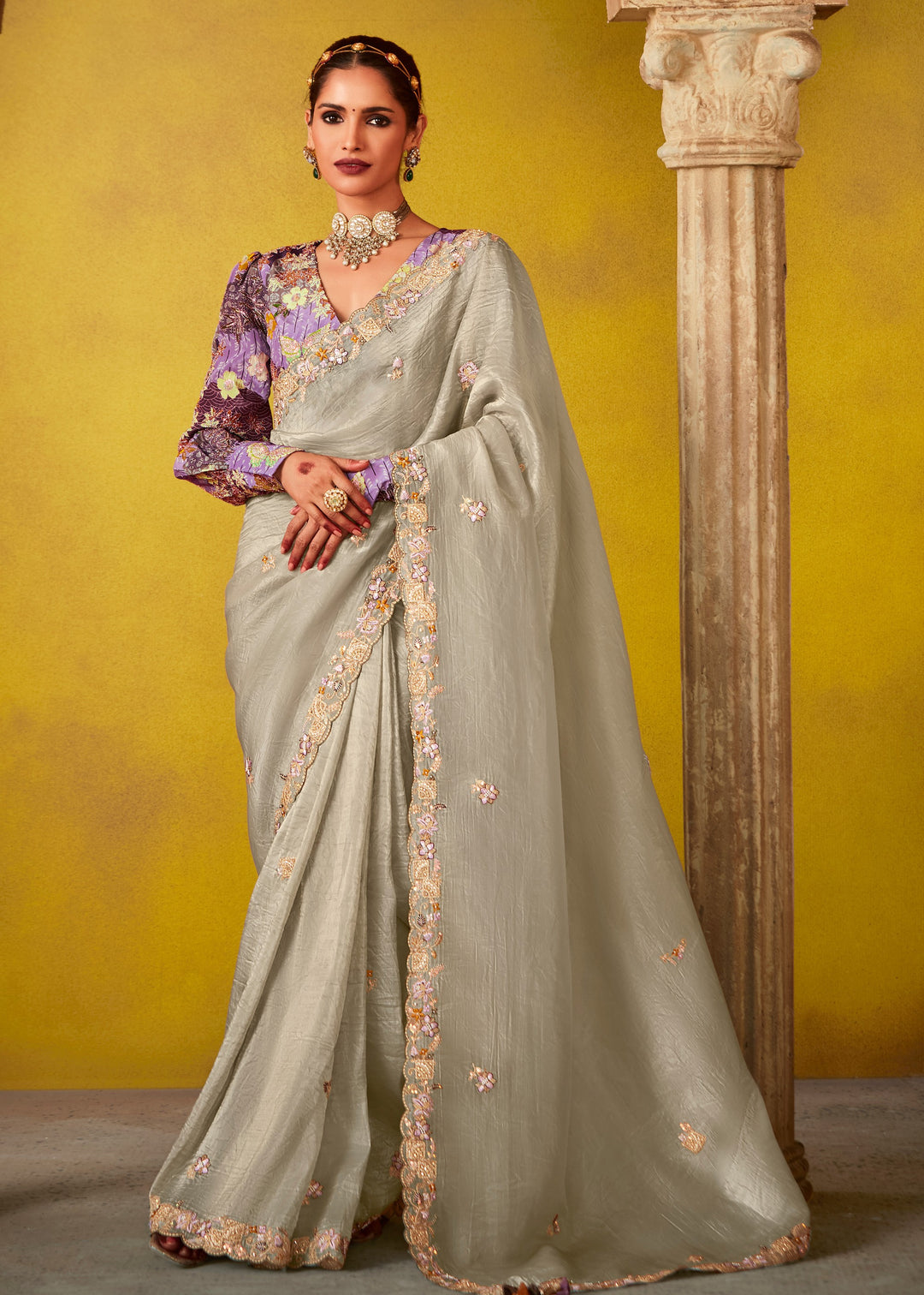 Rhino Grey Glass Tissue Silk Saree With Sequins And Thread Embroidered Work