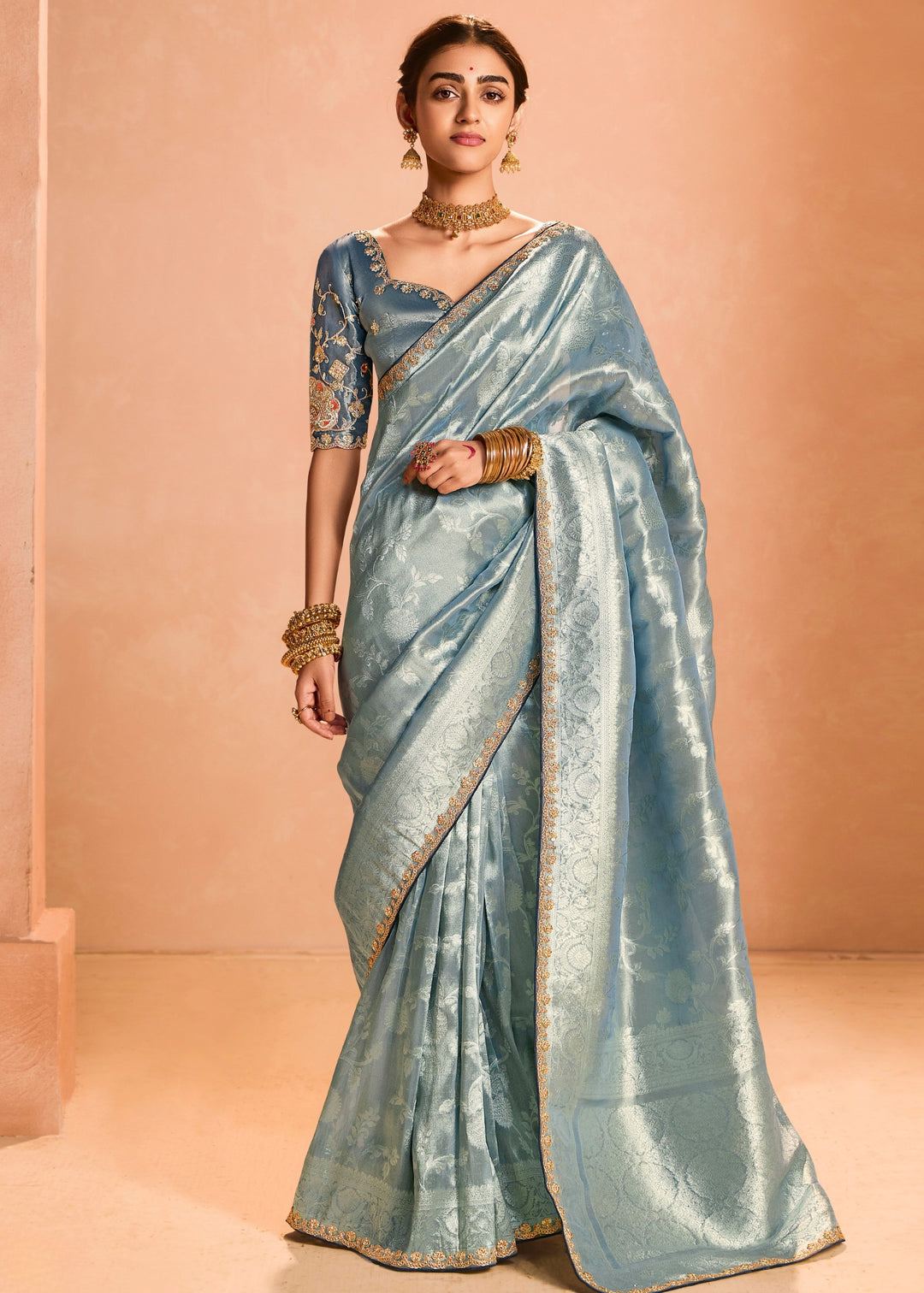 Pacific Blue Zari Tissue Silk Saree With Weaving Work And Heavy Embroidery Lace