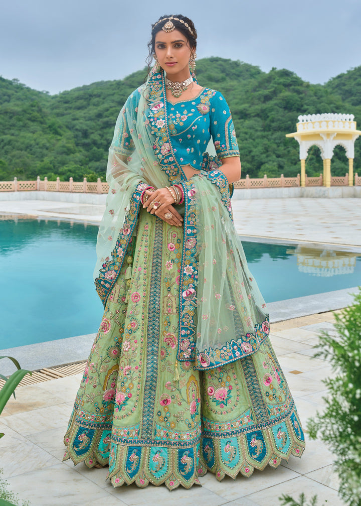 Cerulean Blue and Green Viscose Tissue Lehenga Choli with Embroidery Work