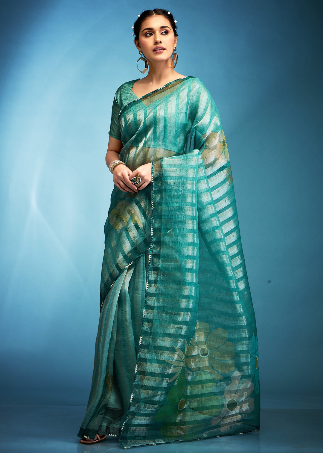 Jade Green Tissue Silk Saree With Floral Print