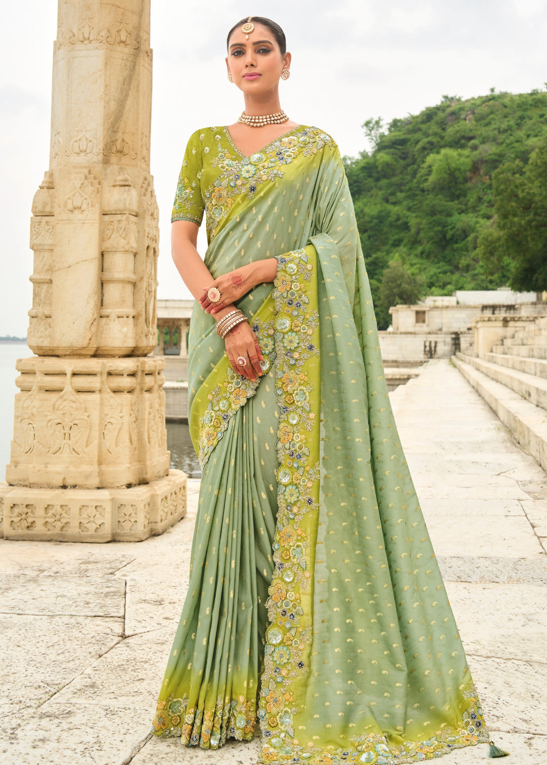 Pistachio Green Viscose Tissue Silk Saree With Embroidery Cut Work Border And Sequence Work