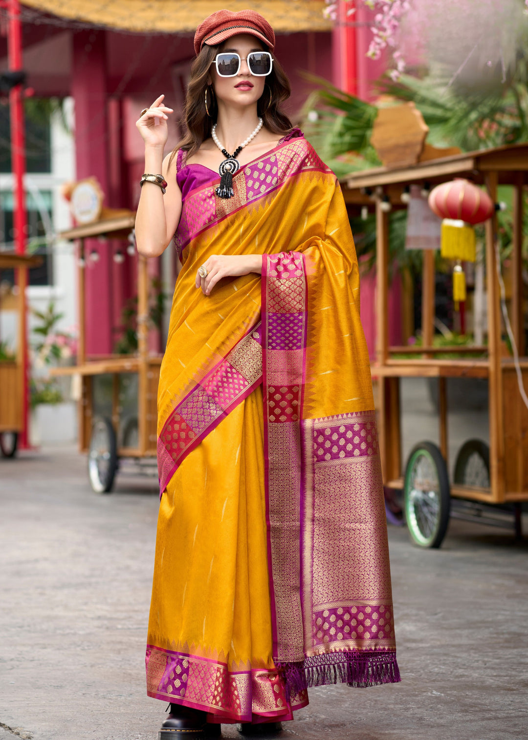 Chrome Yellow Banarasi Silk Saree With Beautiful Contrast Border