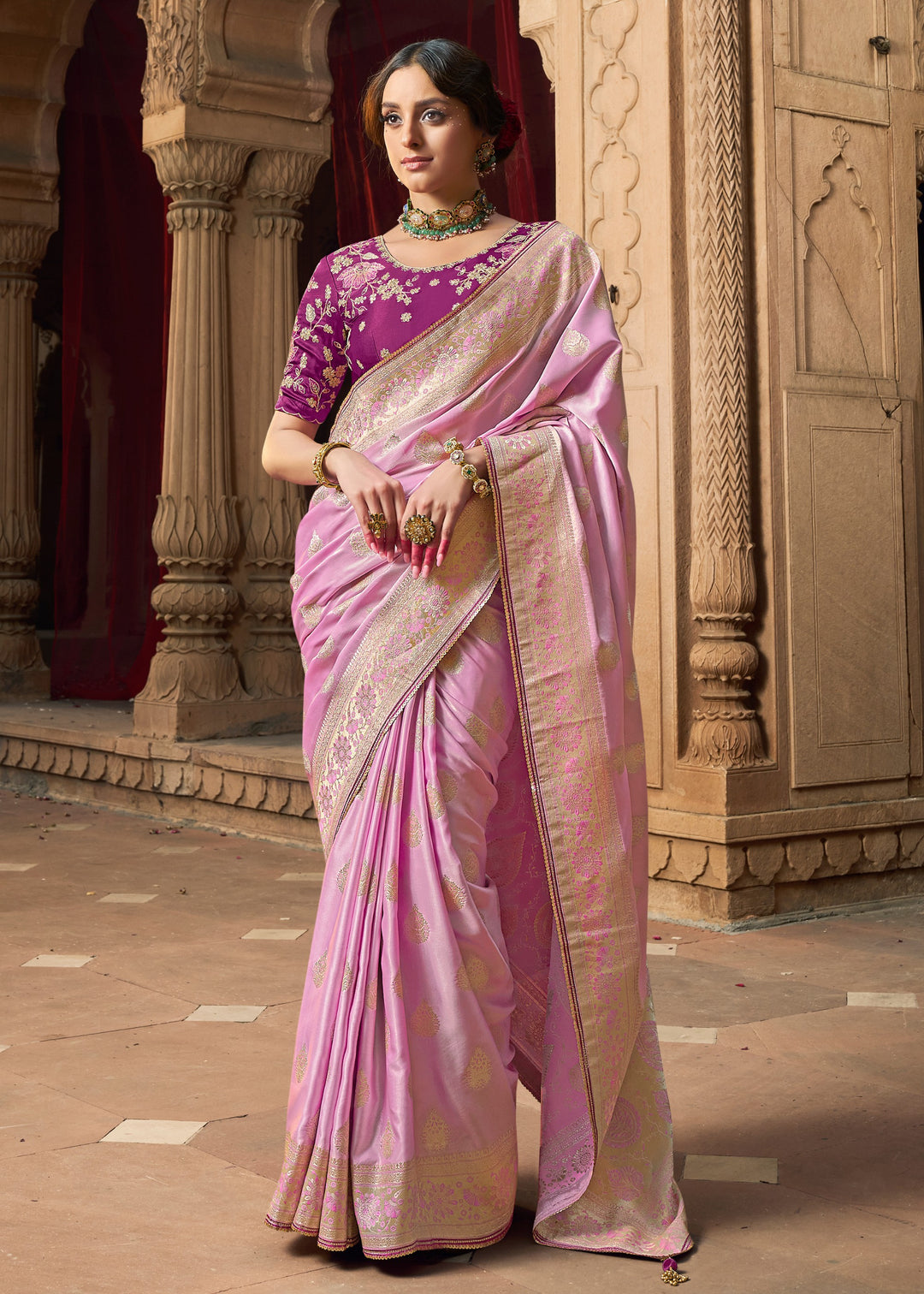 Neon Pink Satin Silk Saree With Beautiful Lace Border And Heavy Designer Embroidered Blouse