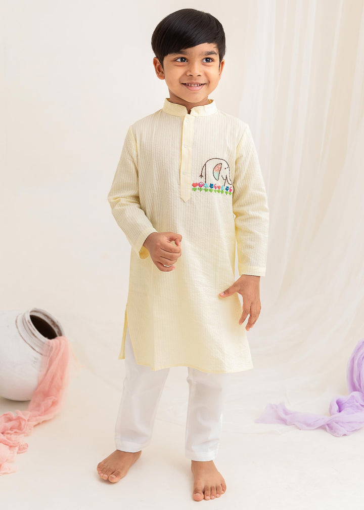 Organic Cotton Hand Embroidered Yellow Kurta paired with Pajama Pants - Elephant