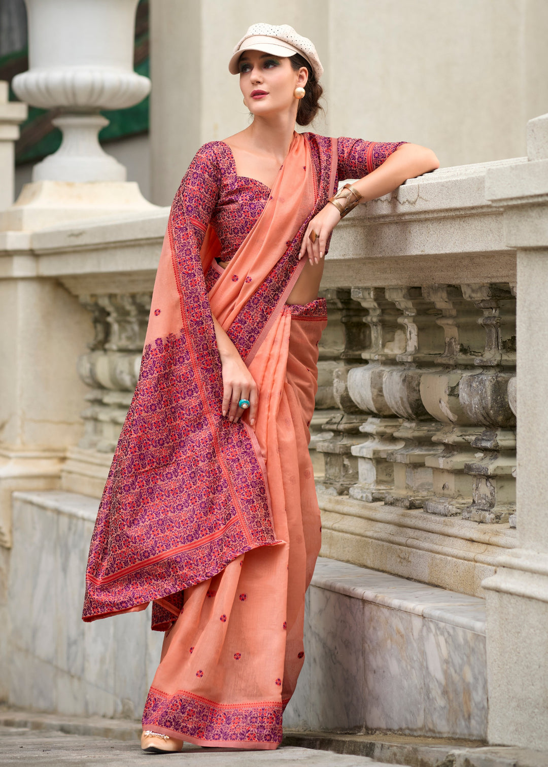 Coral Orange Soft Linen Cotton Silk Saree