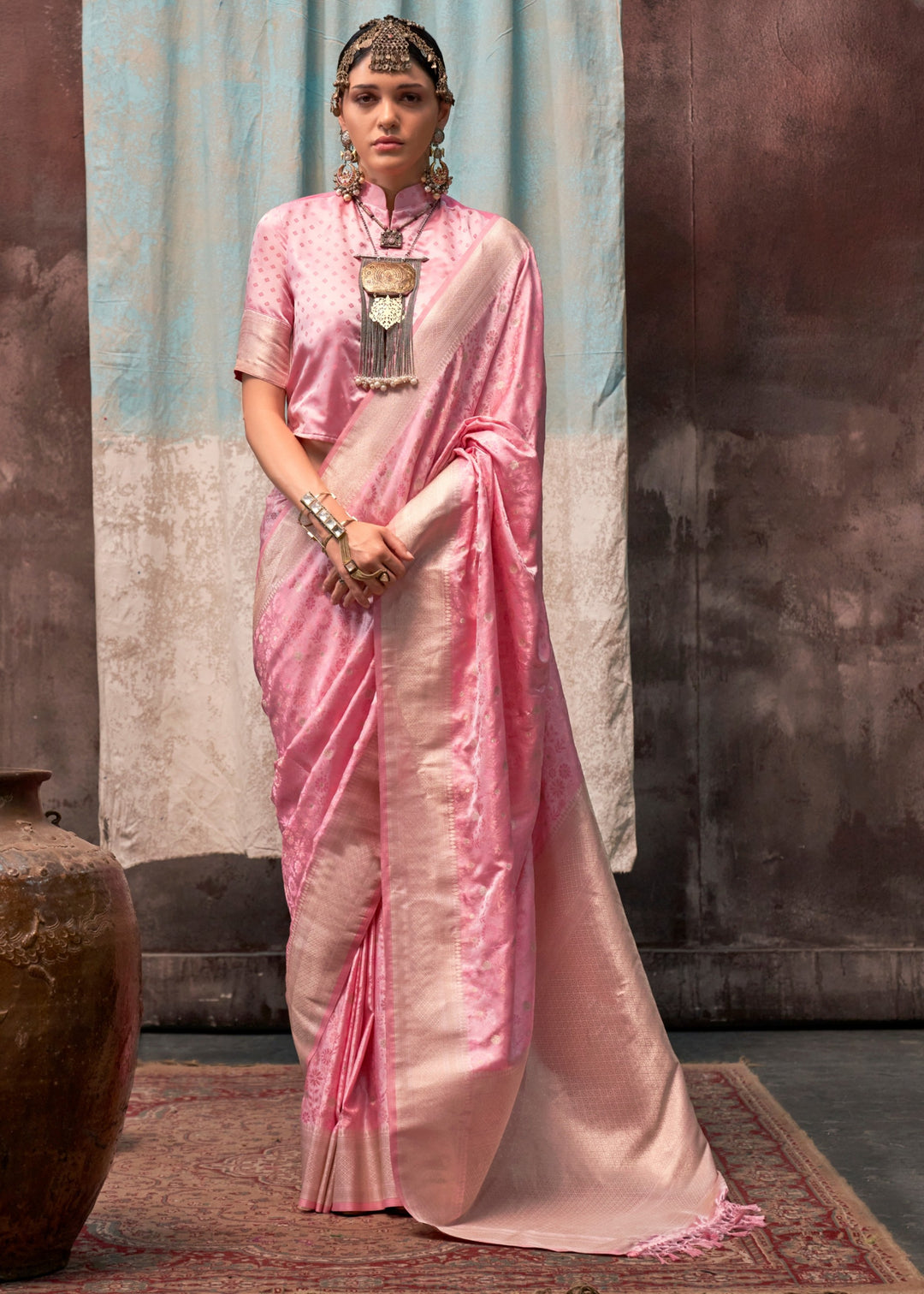 Baby Pink Pure Satin Handloom Weaving Silk Sarees