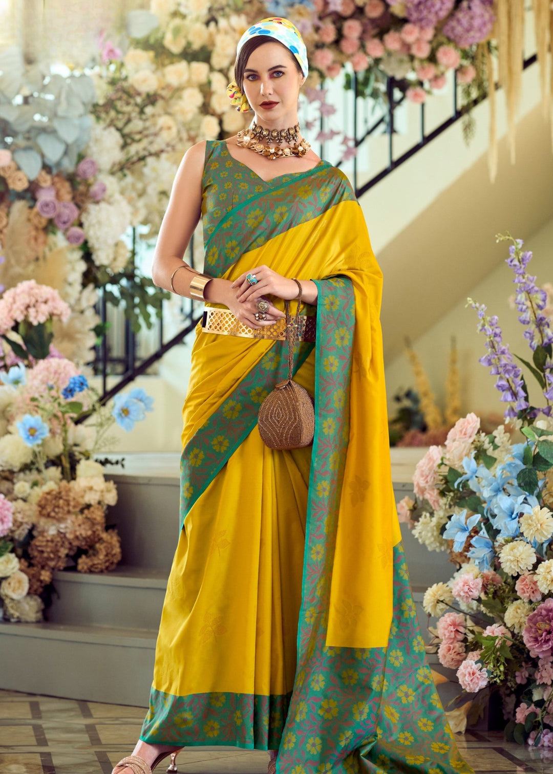 Aureolin Yellow Soft Silk Saree With Ikkat Border