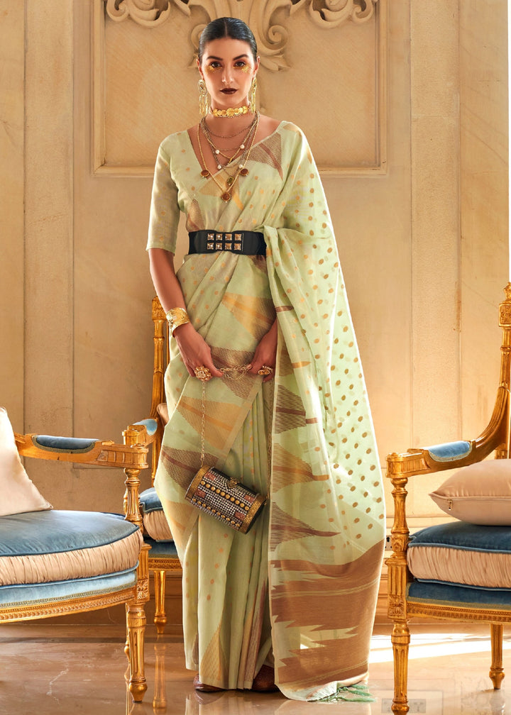 Chartreuse Yellow Tissue and Khicha Zari Handloom Weaving Silk Saree