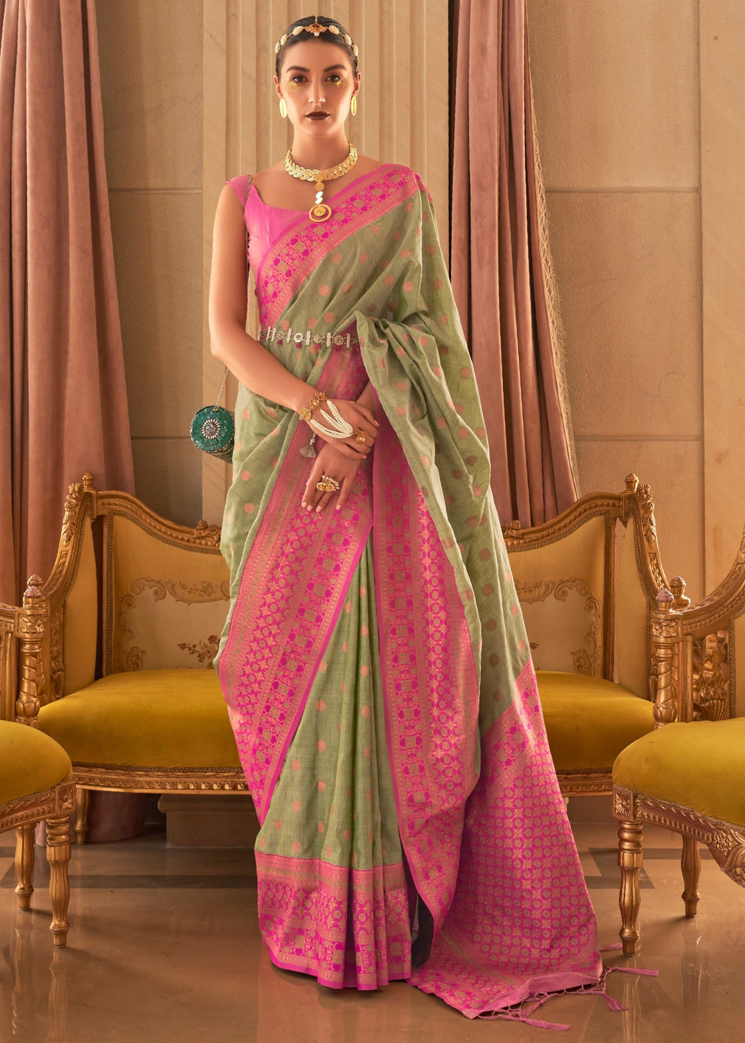 Apple Green Bamboo Copper Zari Handloom Weaving Saree