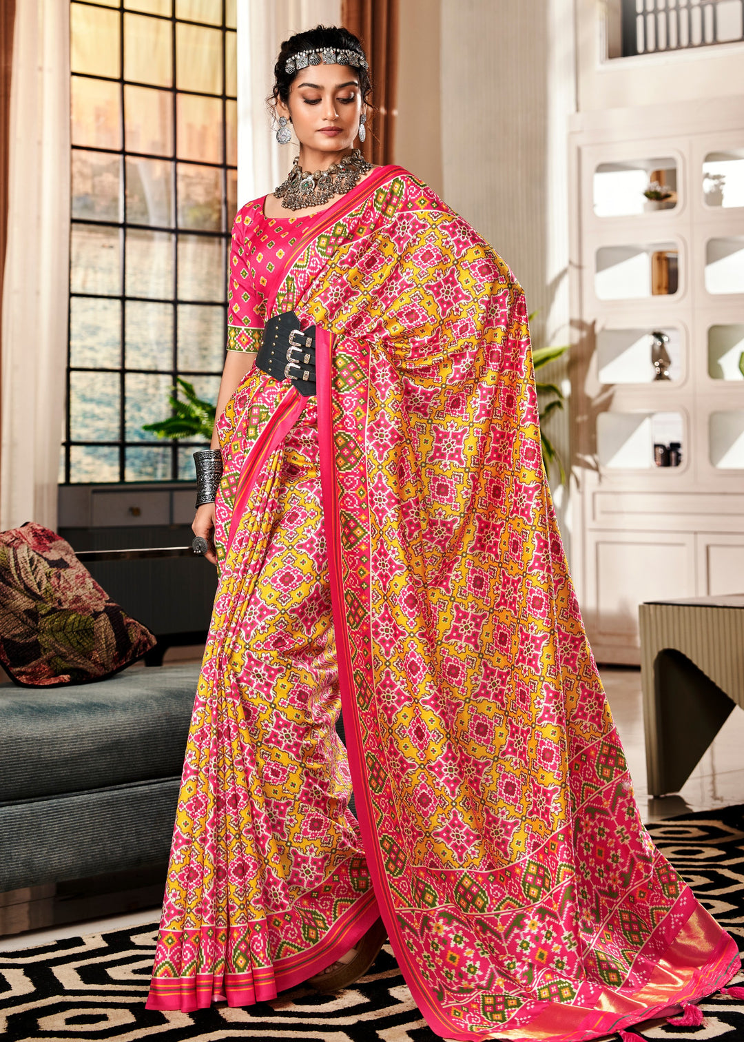 Canary Yellow & Pink Tussar Silk Saree With Beautiful Patola Print