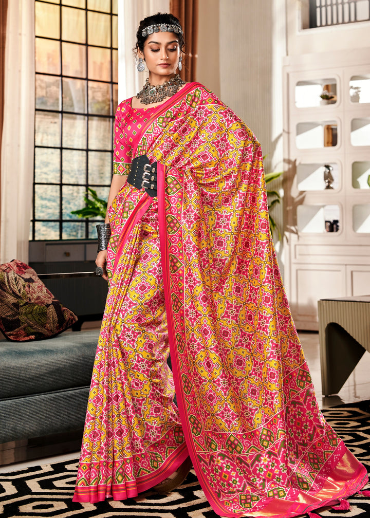 Canary Yellow & Pink Tussar Silk Saree With Beautiful Patola Print