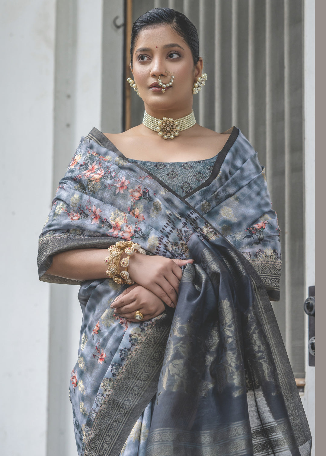 Pigeon Blue Woven Silk Saree