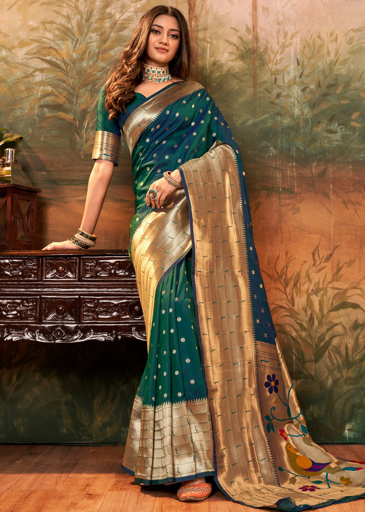 Dark Green Paithani Silk Saree With Zari Weaving