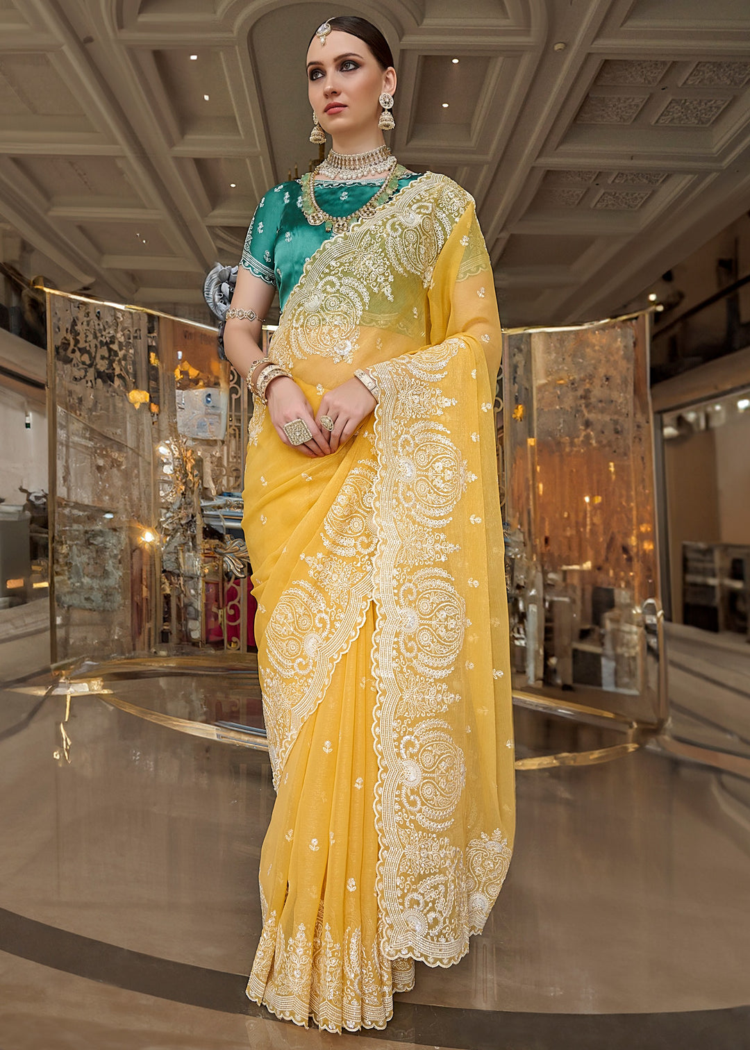 Cadium Yellow Fancy Tissue Saree With Unique Work And Designer Blouse