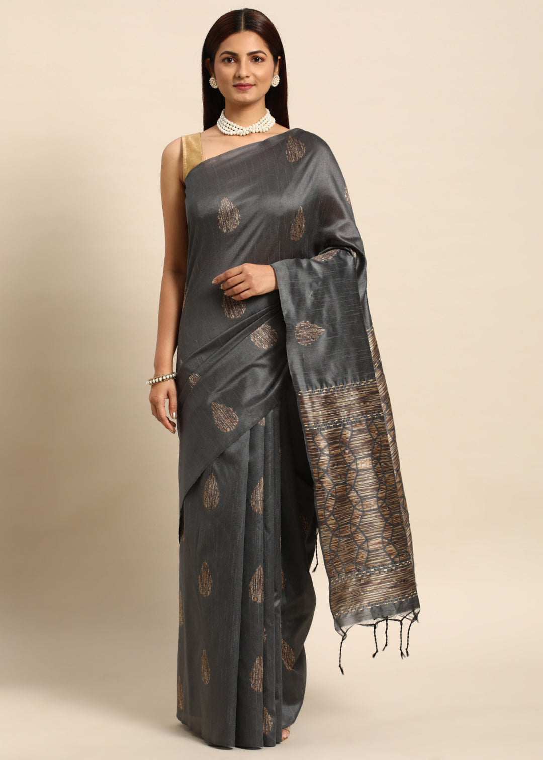 Shadow Grey Woven Handloom Raw Silk Saree