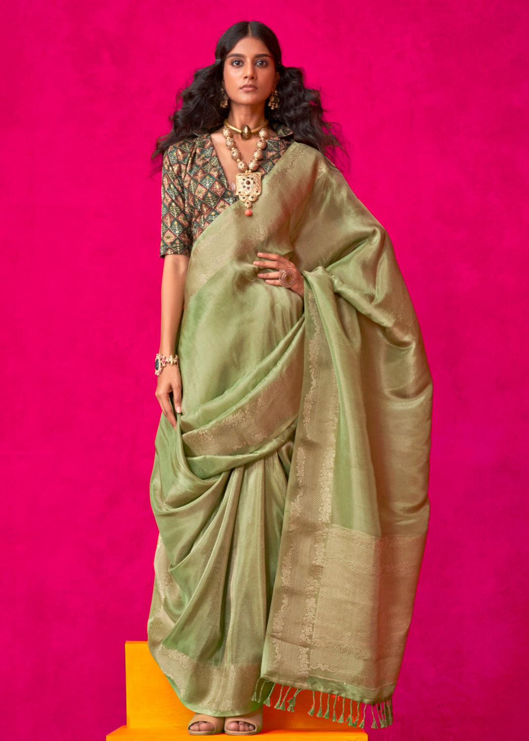 Bud Green Zari Tissue Silk Saree With Weaving Border