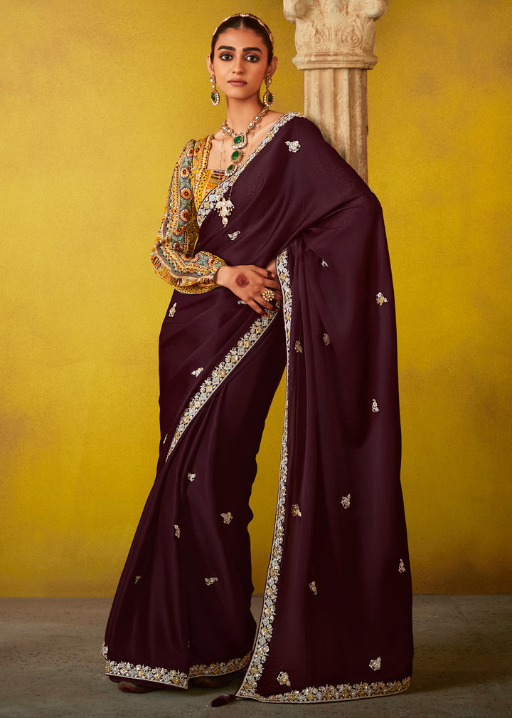 Mulberry Purple Glass Tissue Silk Saree With Sequins And Thread Embroidered Work