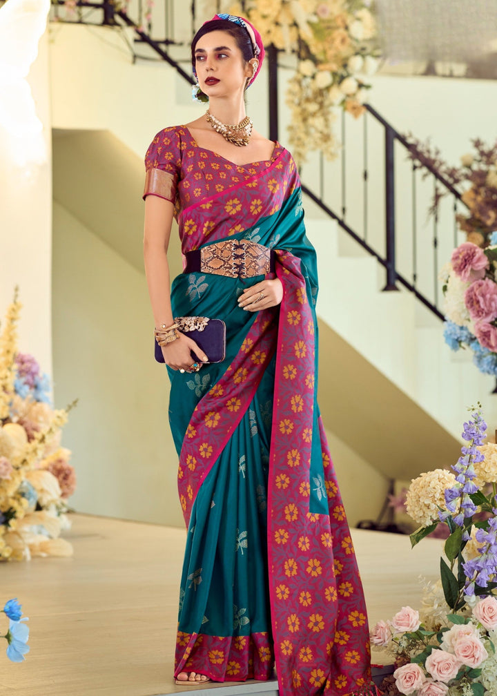 Teal Green Soft Silk Saree With Ikkat Border