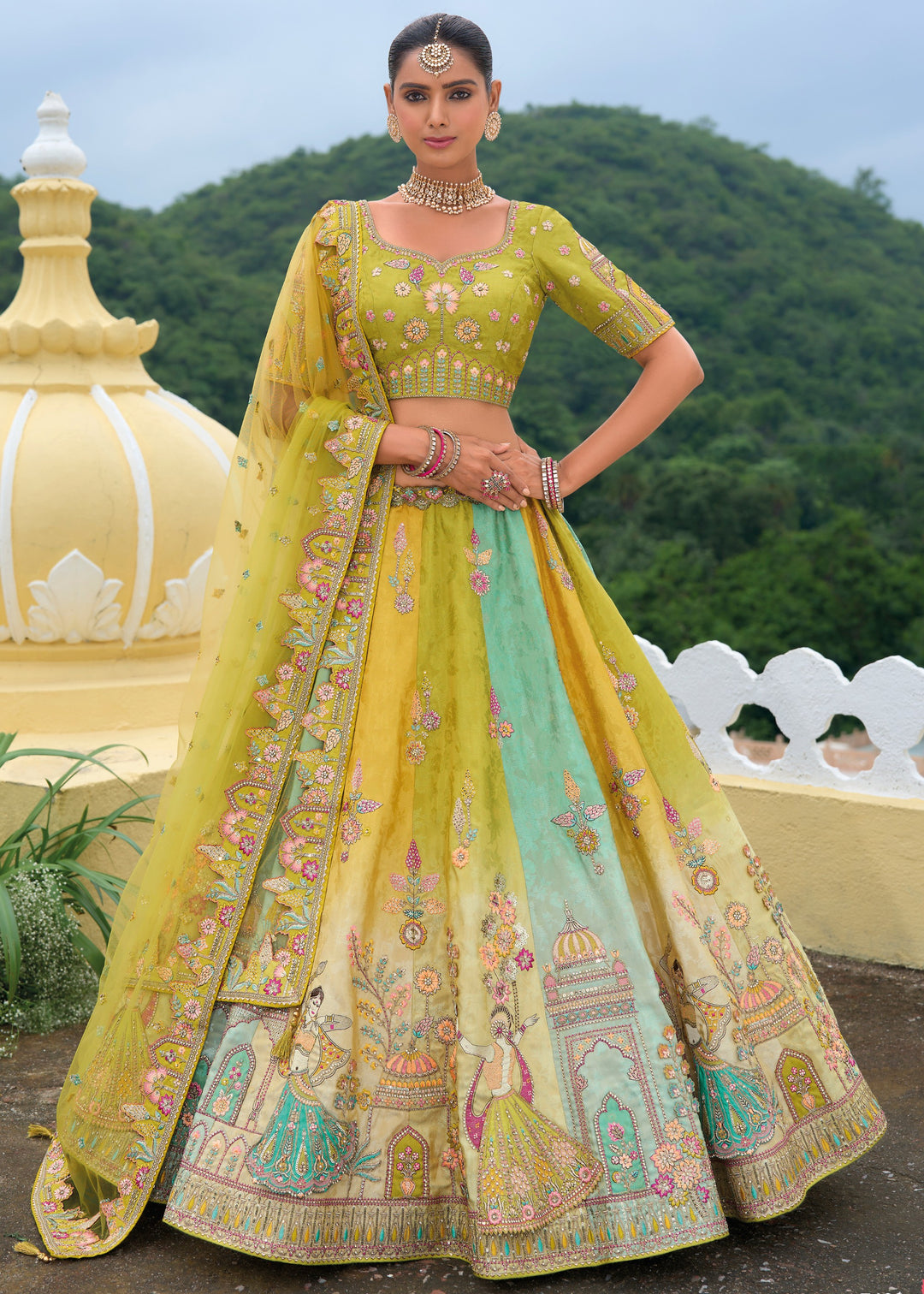 Lime Green Banarasi Silk Lehenga With Heavy Embroidery Work