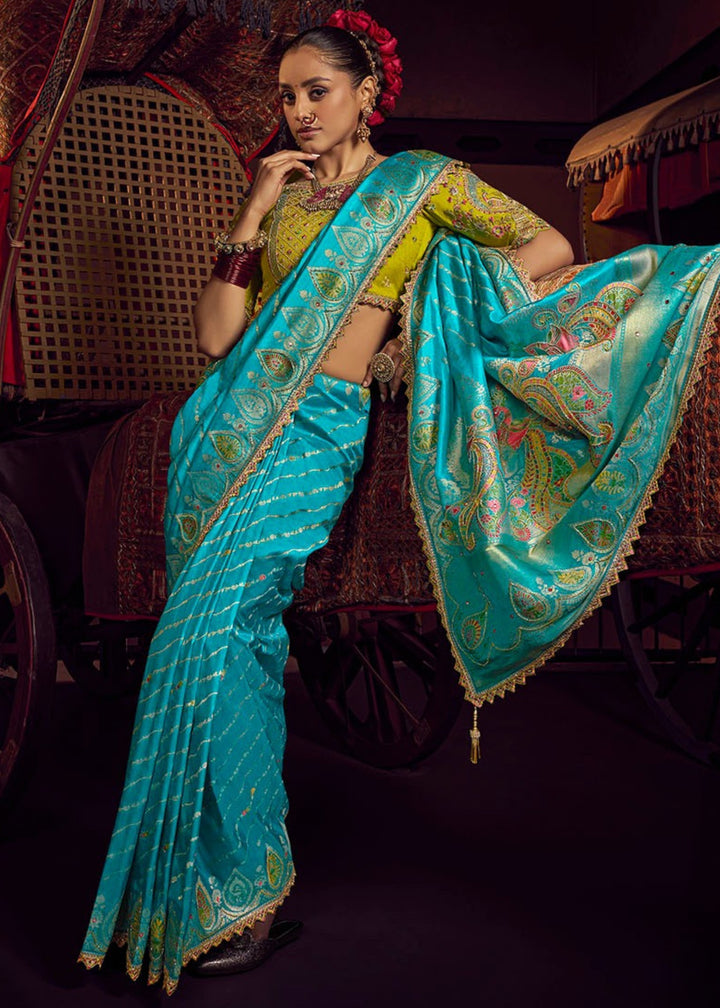 Cyan Blue Pure Viscose Dola Silk Saree With Handwork On Blouse And Pallu