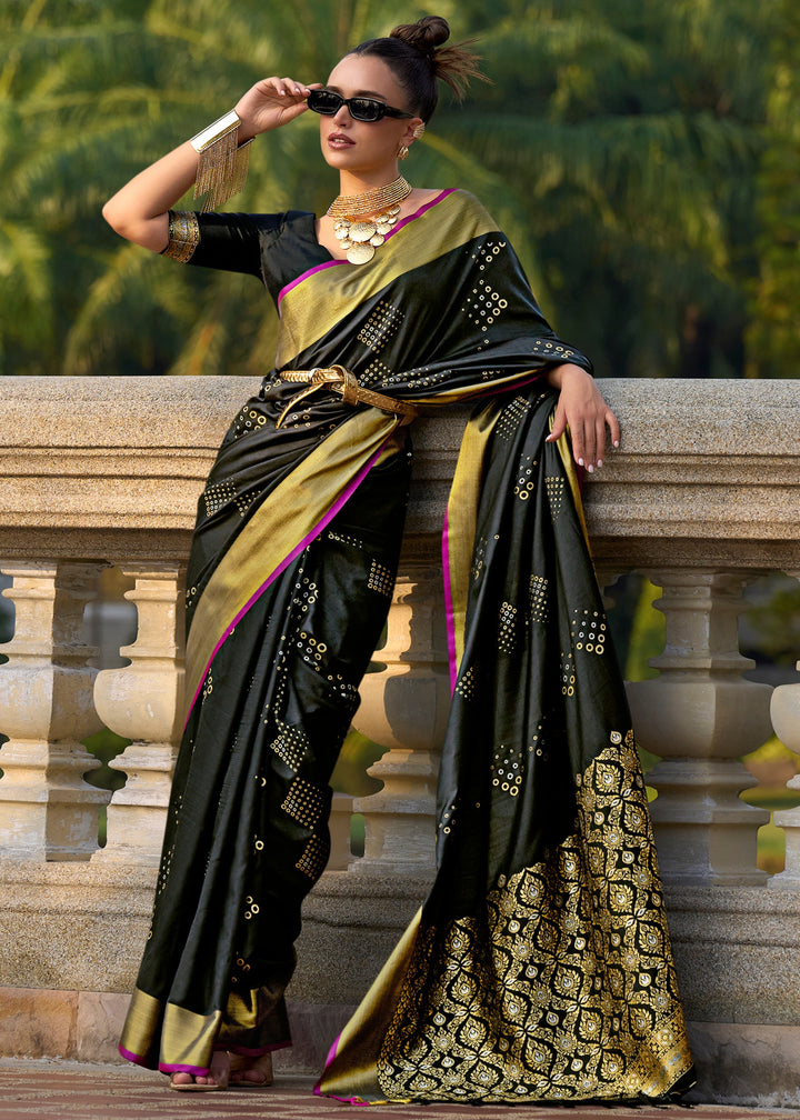 Black Handloom Weaving Satin Silk Saree