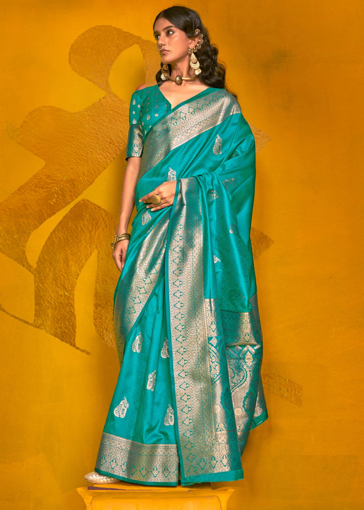 Cyan Blue Two Tone Handloom Weaving Silk Saree