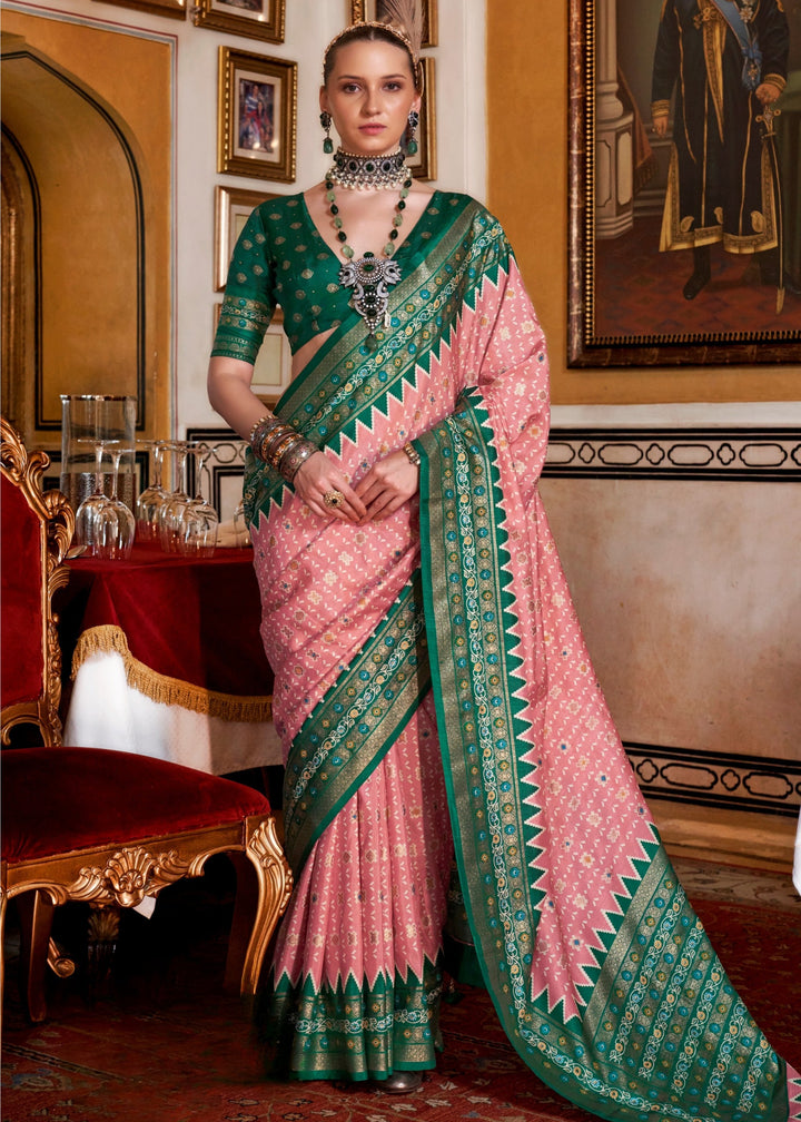 Salmon Pink Silk Saree With Traditional Classic Design