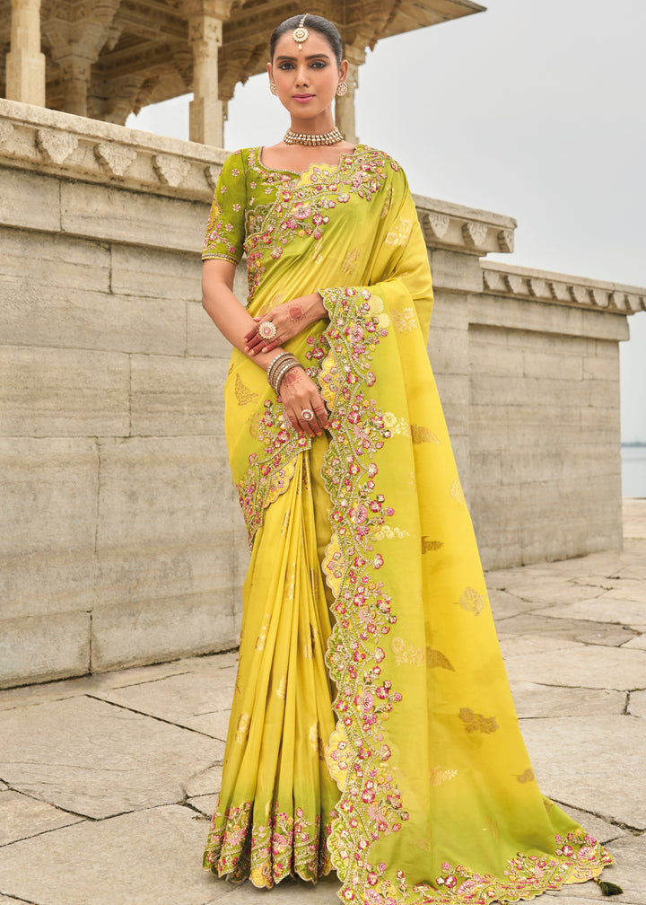 Bright Yellow Viscose Tissue Silk Saree With Embroidery Cut Work Border And Sequence Work