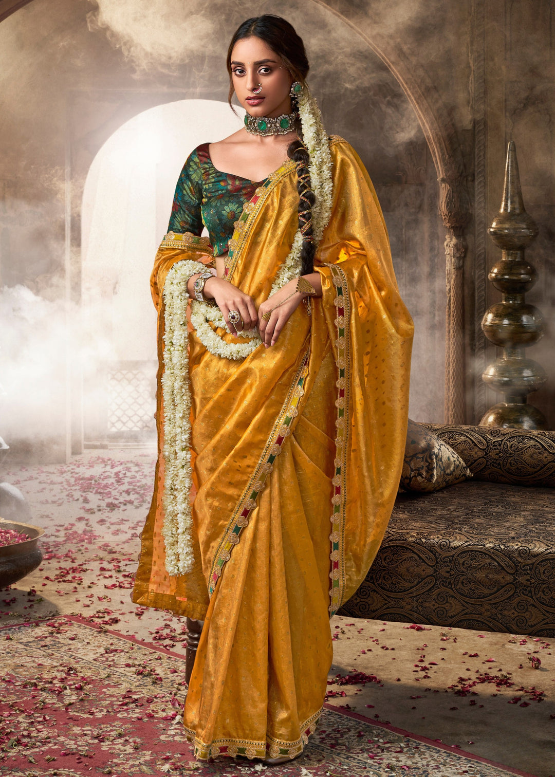 Tuscany Yellow Tissue Silk Saree With Multicolored Lace & Designer Blouse