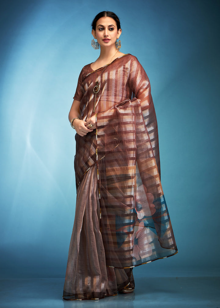 Bronze Brown Tissue Silk Saree With Floral Print