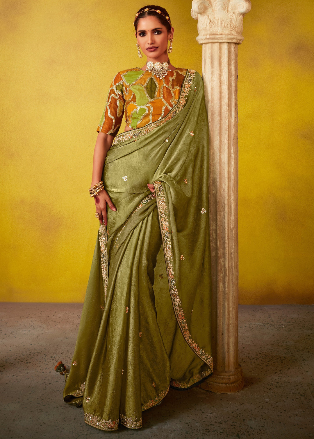 Olive Green Glass Tissue Silk Saree With Sequins And Thread Embroidered Work