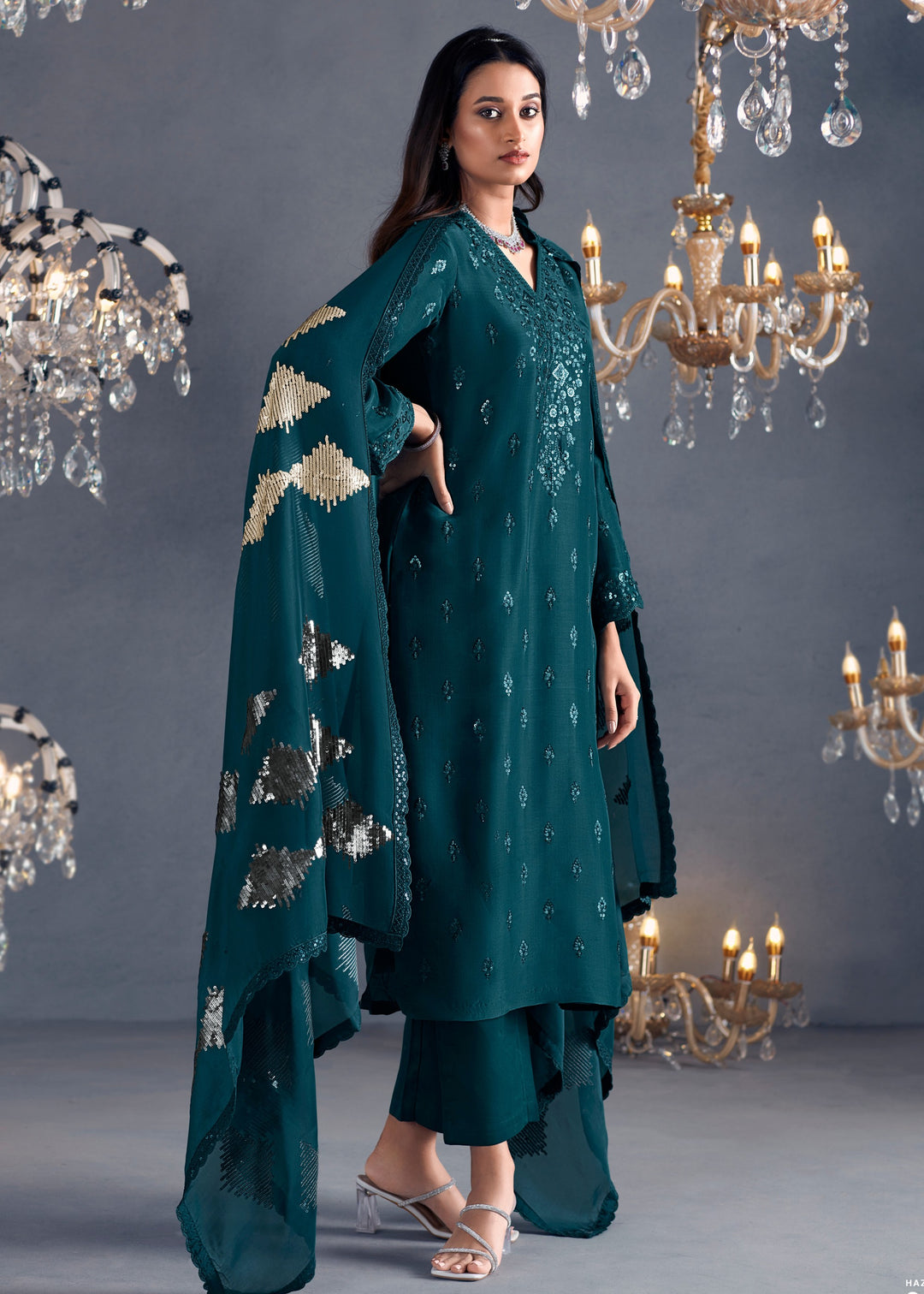 Teal Hazel Russian Silk Sequins Salwar Suit